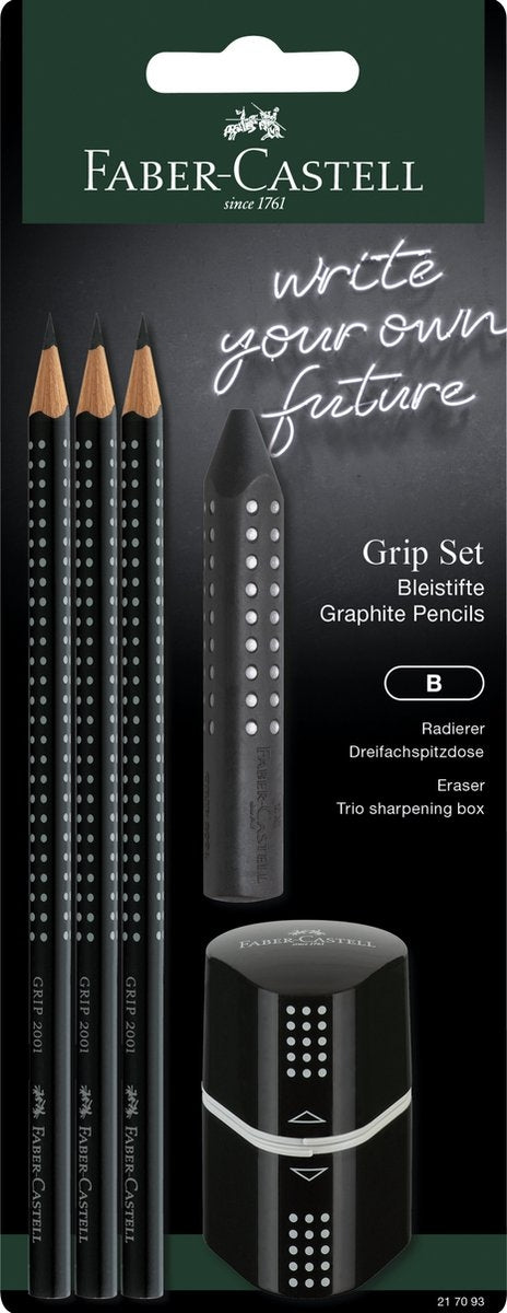 Svinčnik FABER-CASTELL, grip 3/1 črn + šilček + radirka
