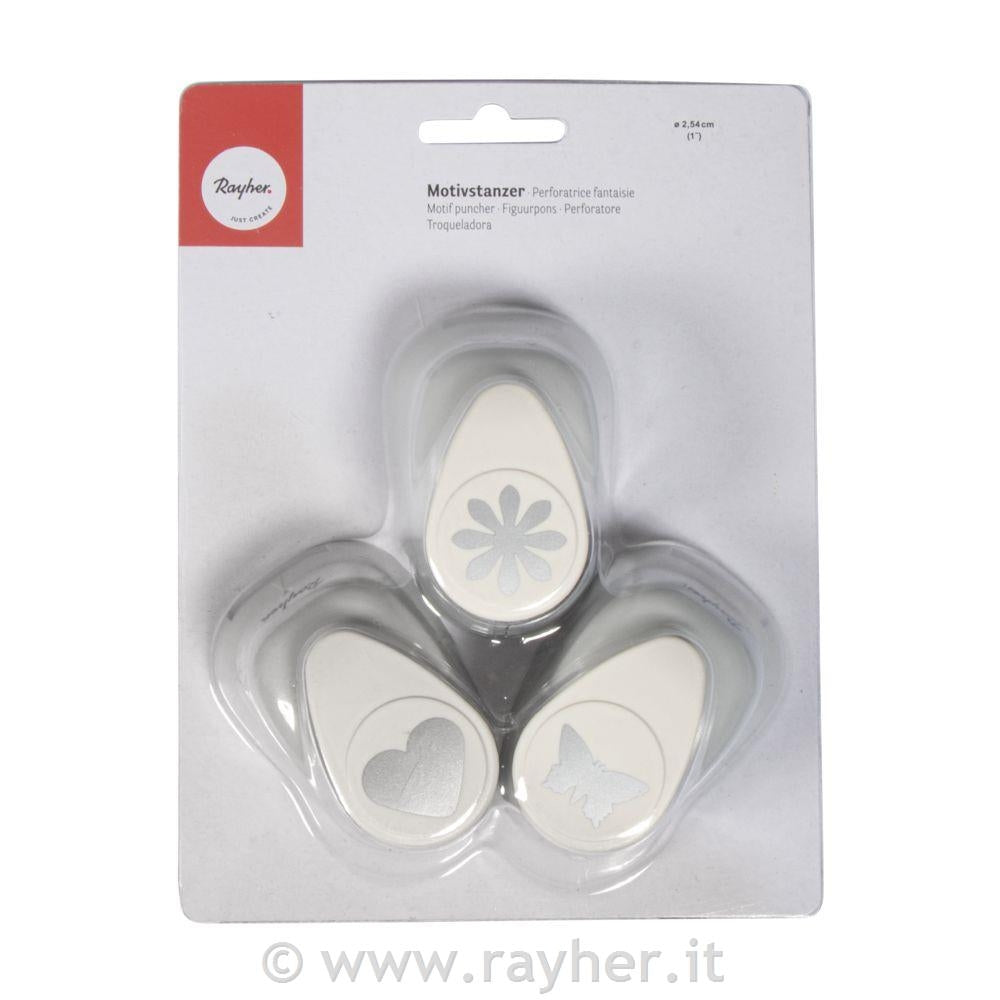 Set luknjačev 2,54cm srce, roža, metulj