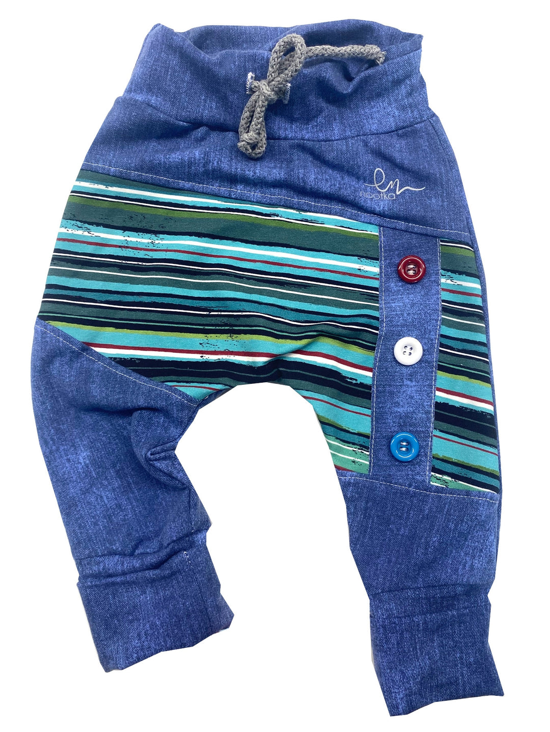 Dolge hlače jeans z gumbi črtaste, Nootka ročno delo
