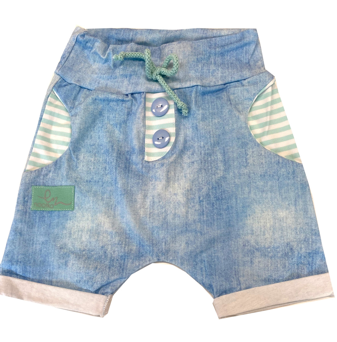 Kratke hlače modre jeans z dodatkom mint