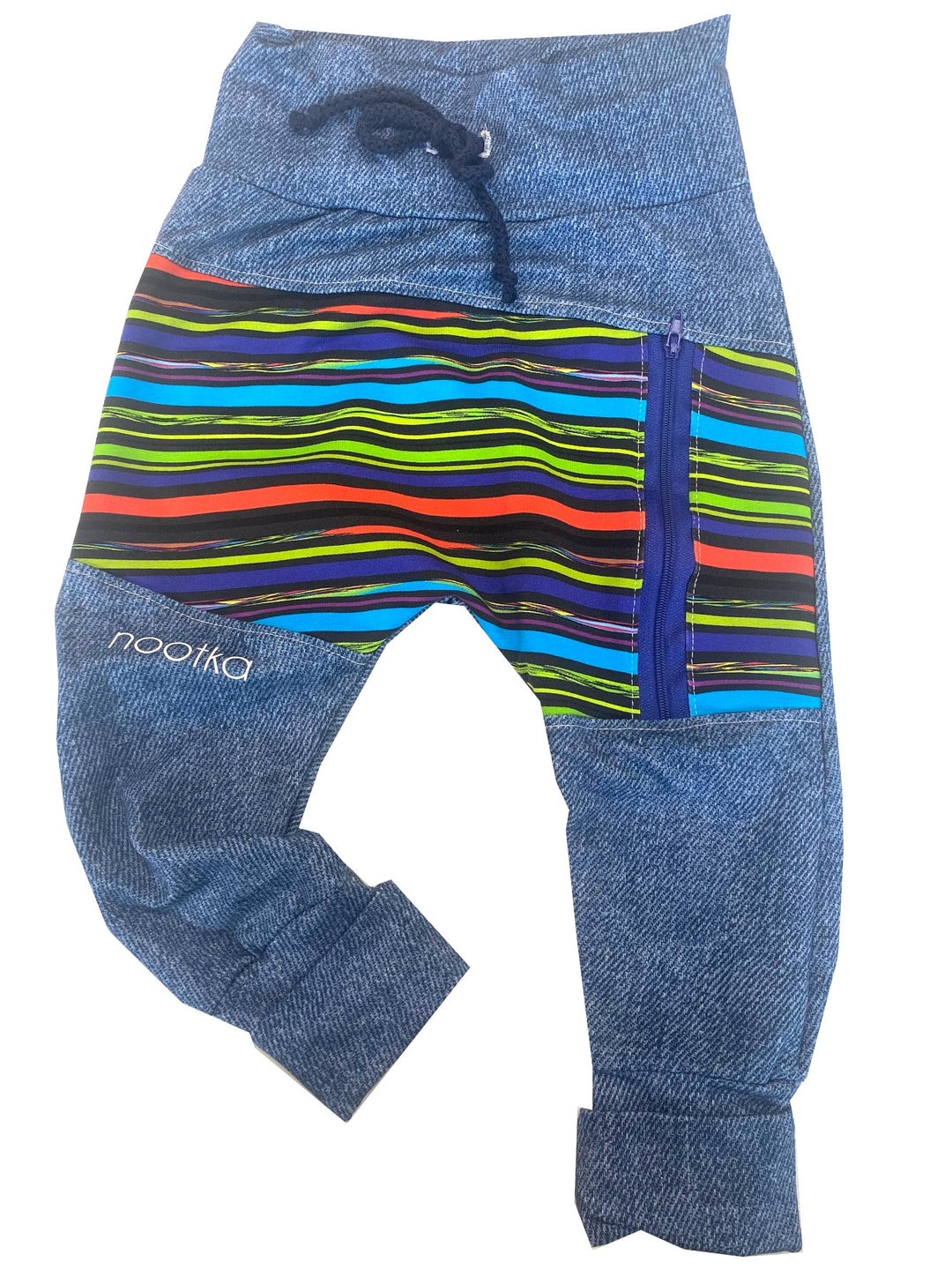 Dolge hlače z zadrgo temen jeans, Nootka ročno delo